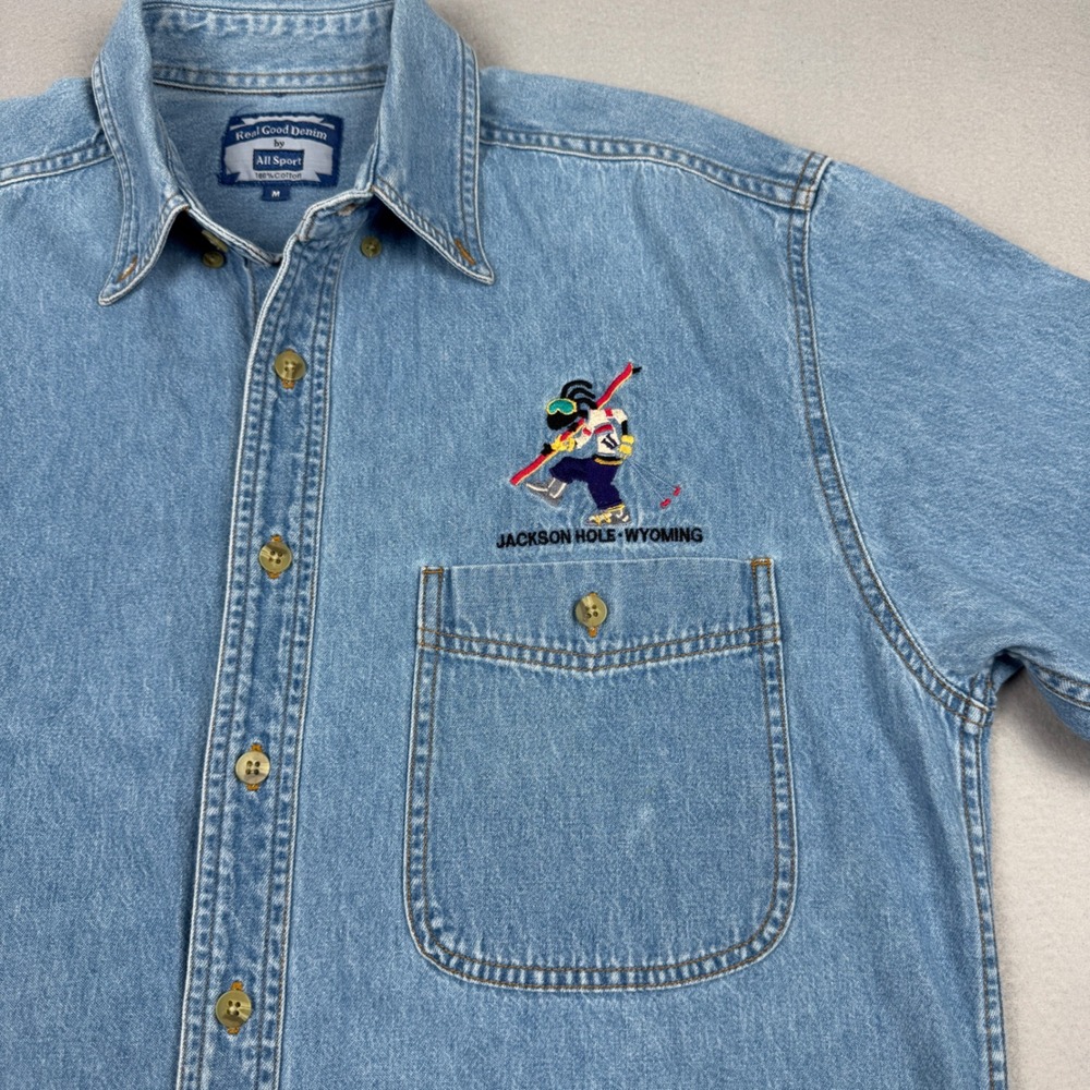 Jackson Hole Wyoming Good Denim All Sport Skier Denim Shirt Mens Medium